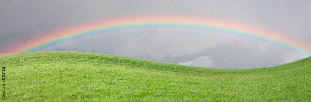 Naklejka premium Grass Field with Rainbow in the Sky.