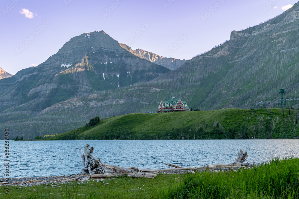 Waterton Lakes National Park at dusk sunset, in Canada during summer Waterton Lakes National Park at dusk sunset, in Canada during summer
