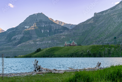 Waterton Lakes National Park at dusk sunset, in Canada during summer