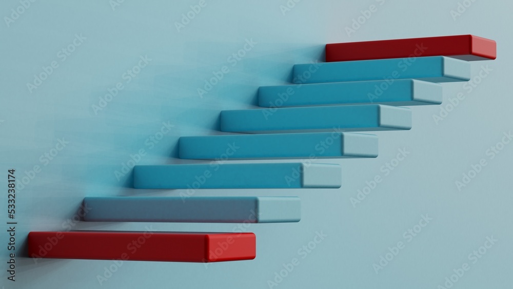 Blue stairs leading to red top step under sky blue background. Concept 3D CG of success process, cramming for exams and road to wealth. Blue stairs leading to red top step under sky blue background. Concept 3D CG of success process, cramming for exams and road to wealth.