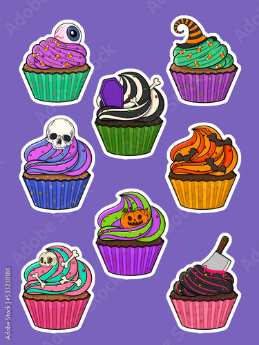 Creative concept holiday food illustration stickers halloween cupcakes.