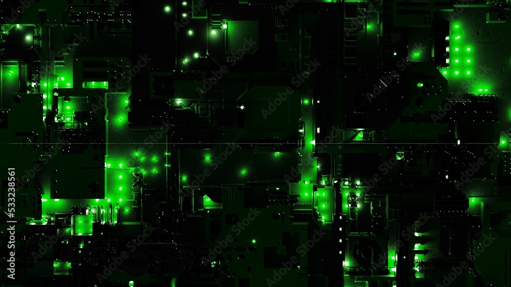 Black-green futuristic circuit technology with green LED point light. Concept 3D CG of hi-tech digital data connection system, computer electronic design and Sci-Fi Landscape.