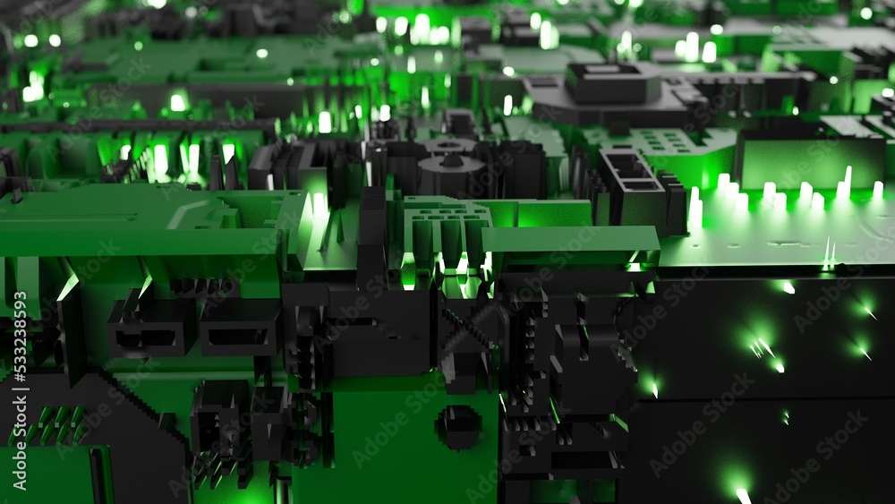 Fototapeta premium Black-green futuristic circuit technology with green LED point light. Concept 3D CG of hi-tech digital data connection system, computer electronic design and Sci-Fi Landscape.