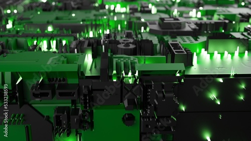 Fototapeta Naklejka Na Ścianę i Meble -  Black-green futuristic circuit technology with green LED point light. Concept 3D CG of hi-tech digital data connection system, computer electronic design and Sci-Fi Landscape.