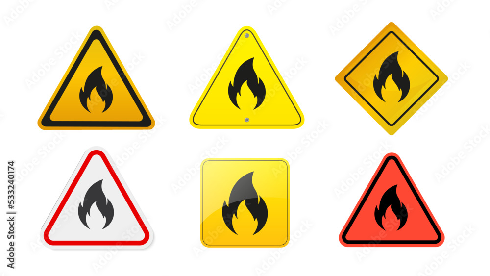 Fire warning signs. Hazard icon in yellow triangle . Flammable, inflammable substances icon. Vector illustration Fire warning signs. Hazard icon in yellow triangle . Flammable, inflammable substances icon. Vector illustration