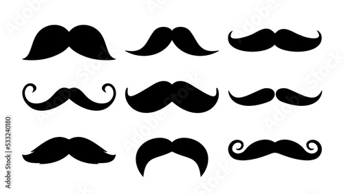 Set of moustache icons. Decorative elements for booth. Men and fathers symbol. Vector black isolated silhouettes