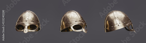 Three warrior helmets from 3 view angles, Old brass metal helm, 3d rendering photo