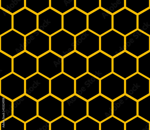 Seamless pattern with honey bee hexagonal yellow honeycombs on a dark background.