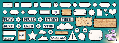 Pixel art frames. Retro game UI play buttons, speech bubbles messages and quote frames vector set photo