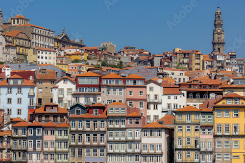 Summer cityscape, Narrow cobbled streets and houses in Porto, A coastal city in northwest Portugal known for its stately bridges and port wine production in the medieval Ribeira (riverside) district.