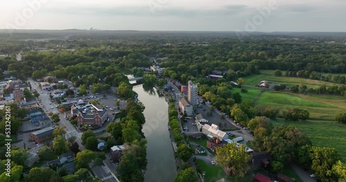Aerial video of Village of Pittsford, NY, Erie Canal, Schoen Place, near Rochester, New York. photo