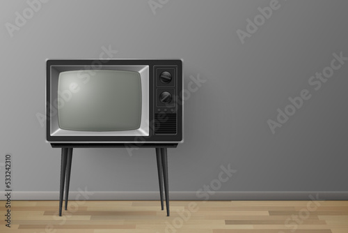 Vector 3d Realistic Retro TV Receiver on a Wooden Table Stand. Home Interior Design Concept. Vintage TV Set on the Wooden Floor. Television, Front View