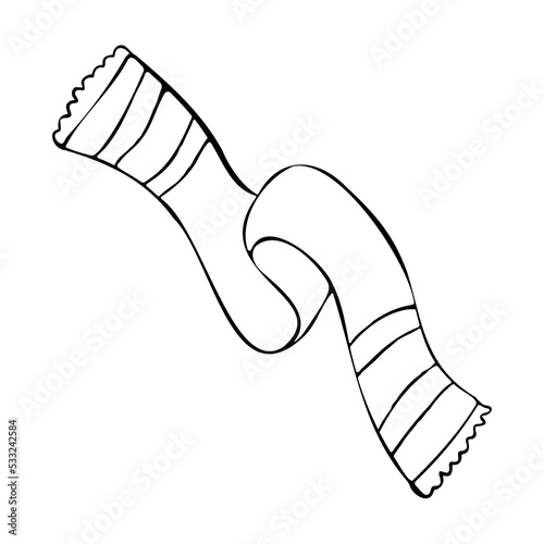 Autumn scarf isolated on white background. Hand drawn vector illustration. Winter accessories icon. Striped fringe scarf. Monochrome outline clip art. Warm clothes simple ink sketch. Childish drawing