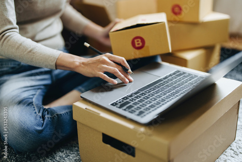 A portrait of a small startup, an SME owner, an Asian female entrepreneur checking orders to arrange the produce before packing the products in the inner boxes with the customers. Freelance concepts