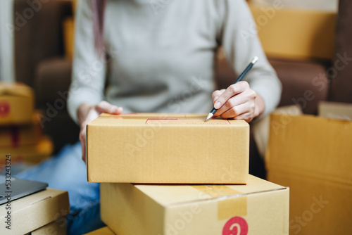 A portrait of a small startup, and SME owner, an Asian female entrepreneur, is writing down information on a box to organize the product before packing it into the inner boxes for the customer