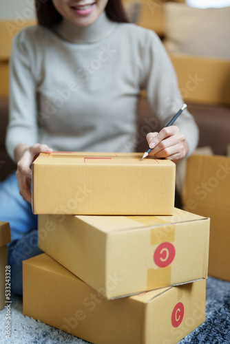 A portrait of a small startup, and SME owner, an Asian female entrepreneur, is writing down information on a box to organize the product before packing it into the inner boxes for the customer