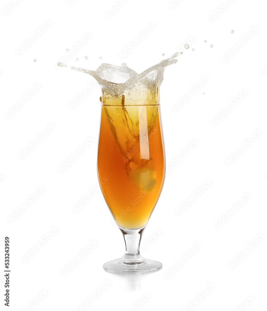 Beer splashing out of glass on white background Beer splashing out of glass on white background