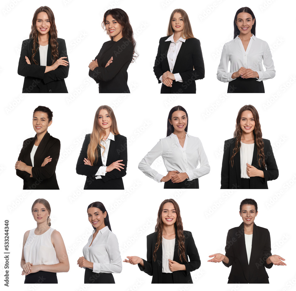 Collage with photos of hostess in uniform on white background Stock
