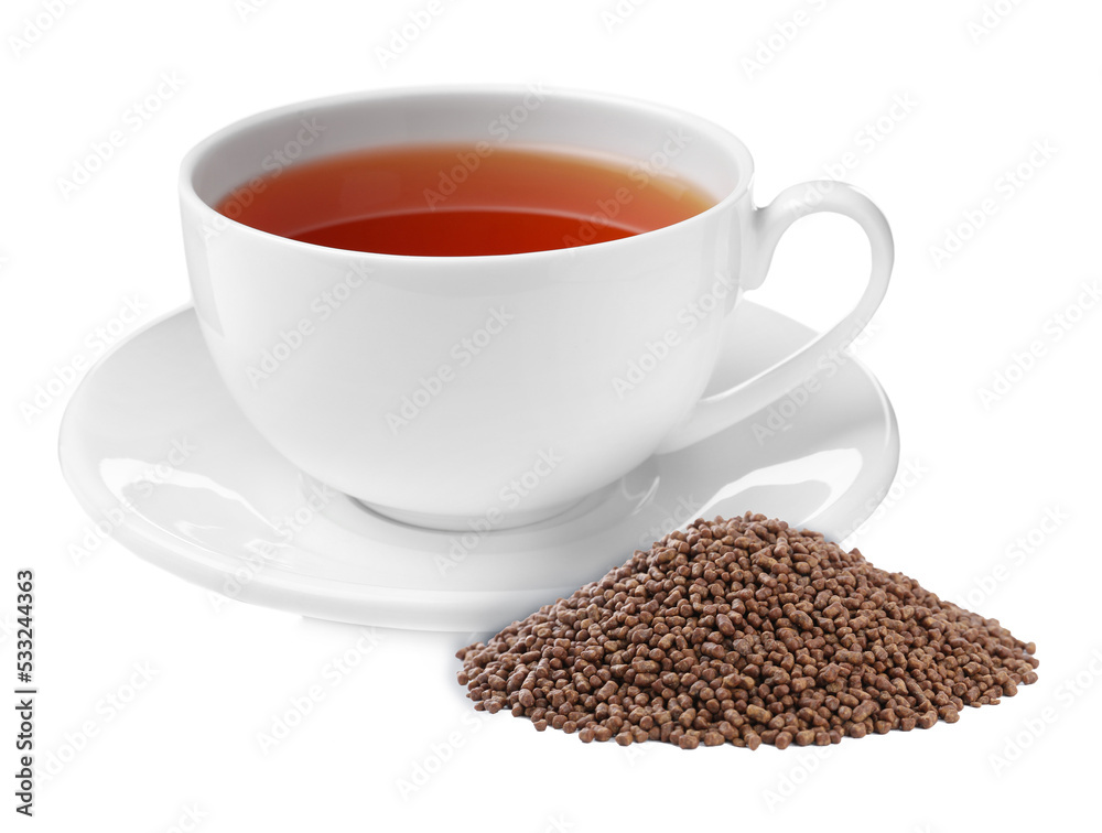 Obraz premium Buckwheat tea and granules on white background