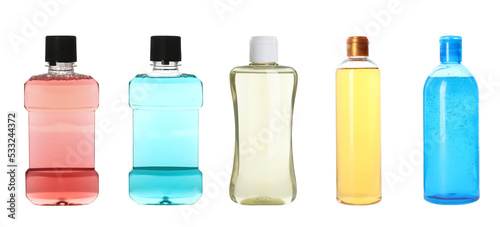 Set with different bottles of personal hygiene products on white background. Banner design