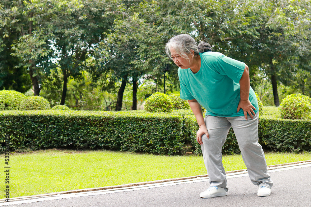 elderly women jogging in the park She has pain in her right knee. Concept of health care to be healthy in retirement age. bone disease in the elderly elderly women jogging in the park She has pain in her right knee. Concept of health care to be healthy in retirement age. bone disease in the elderly