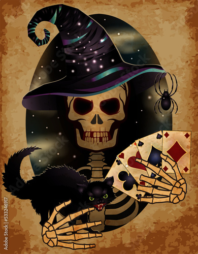 Happy Halloween casino. Skeleton with poker cards and black cat, vector illustration
