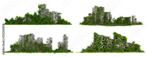 Obraz na płótnie lush overgrown buildings, collection of post-apocalyptic cityscapes isolated on