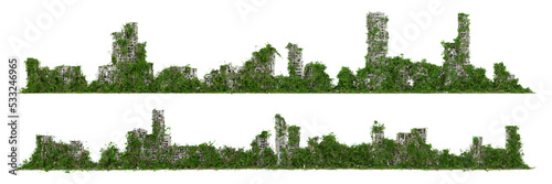 Valokuva post-apocalyptic skyline, overgrown buildings, tall abandoned skyscrapers isolat