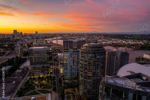 sunset over Portland South Waterfront