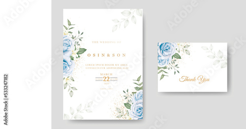 Navy Blue Floral Wedding Invitation Card 