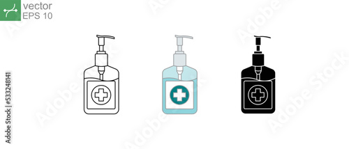 Antiseptic pump bottle for disinfection, cleaning, and hygiene your hands. Washing gel in bottle for medical. Hand sanitizer pump bottle icon. Vector illustration. Design on white background. EPS 10.