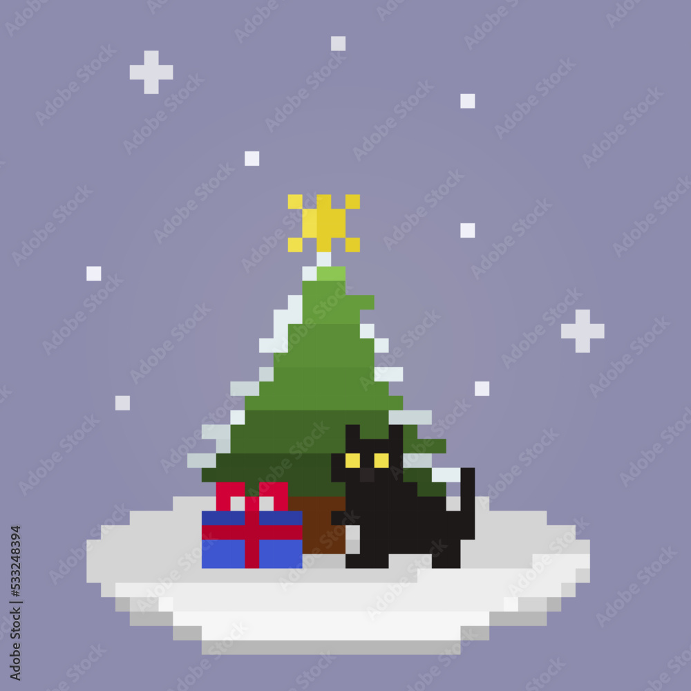 Obraz premium Pixel cat with gift, christmas tree