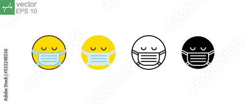 Sick emoticon with medical or surgical mask for online chat in comment reaction. Round face with medical mask cartoon bubble emoticons icon. Vector illusration. Design on white background. EPS 10.
