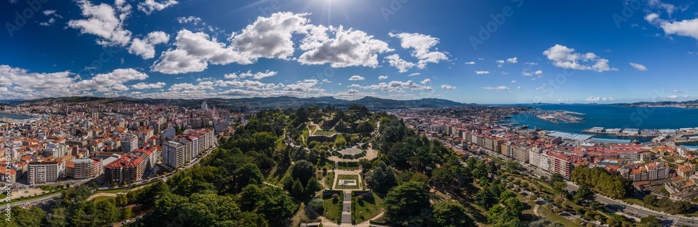 High perspective panorama of Vigo, Spain on a sunny day