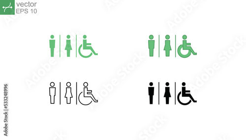 Toilet signage set. Outdoor sign of public toilet or restroom access for men, women and disabled. Toilet, bathroom, wc icon. Vector illustration. Design on white background. EPS 10.