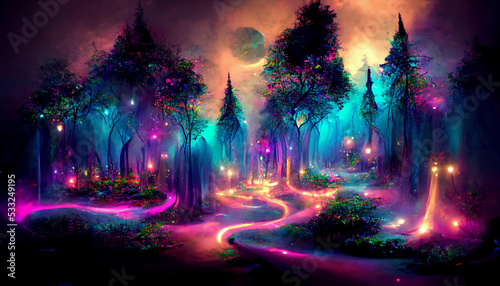 Dark Night fairy tale fantasy forest landscape with magical glows Abstract forest, magic fantasy night lights neon photo