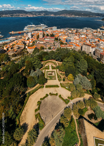 Drone aerial top down view of Monte do Castro park in Vigo, Spain overlooking the bay photo