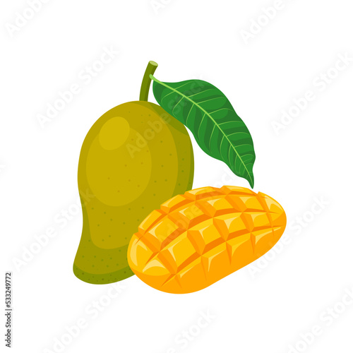 Vector illustration, ripe mango fruit with slices, isolated on white background