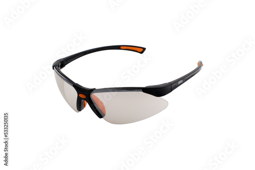 Anti-ultra violet (UV) black lens safety glasses protect the eyes from the sun and dust