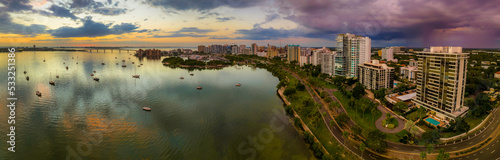 Sarasota Bayfront to Ringling Bridge panorama sunset aerial