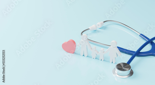 Top view of medical stethoscope and icon family with heart symbol on cyan background. Health care insurance concept. 3d rendering