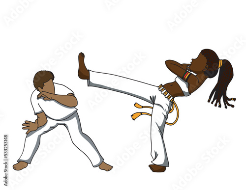 A Brazilian boy and a Brazilian girl are playing capoeira. This is the best known Brazilian sport in the world. Editable vector set on white background.