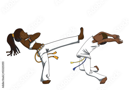 A Brazilian girl and a Brazilian boy are playing capoeira. This is the best known Brazilian sport in the world. Editable vector set on white background.