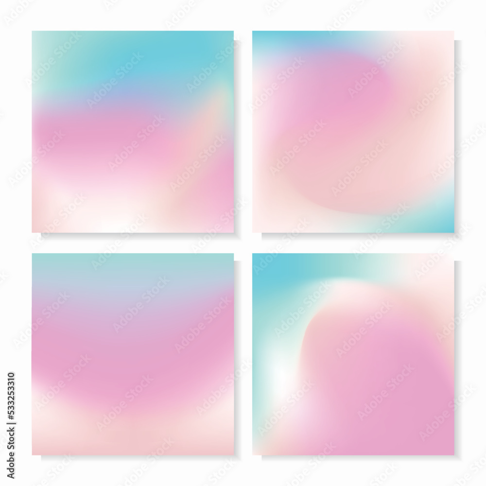 Vector set of mesh gradient backgrounds in soft pastel colors. Abstract gradient backgrounds in blue, pink, and light peach colors. For social media post, cover, package, web design, etc.