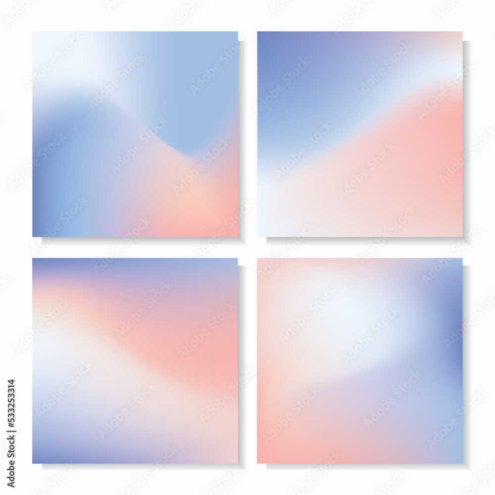 Vector set of mesh gradient backgrounds in soft pastel colors. Abstract gradient backgrounds in purple and light orange. For social media post, cover, package, web design, etc.
