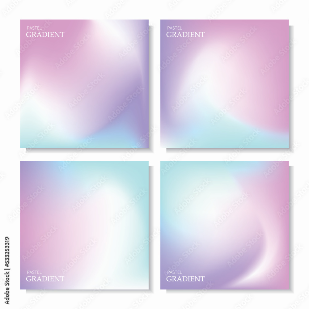 Vector set of mesh gradient backgrounds in pastel colors. Abstract gradient backgrounds in purple, pink, aqua, and white. For social media post, cover, package, web design, etc.