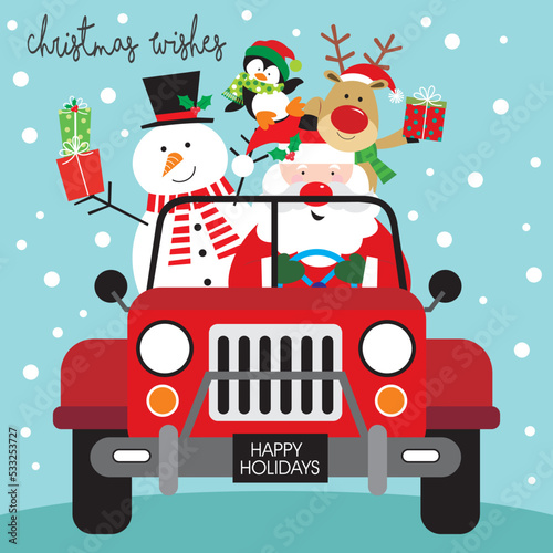 christmas card with santa claus, snowman, reindeer and penguin on the car