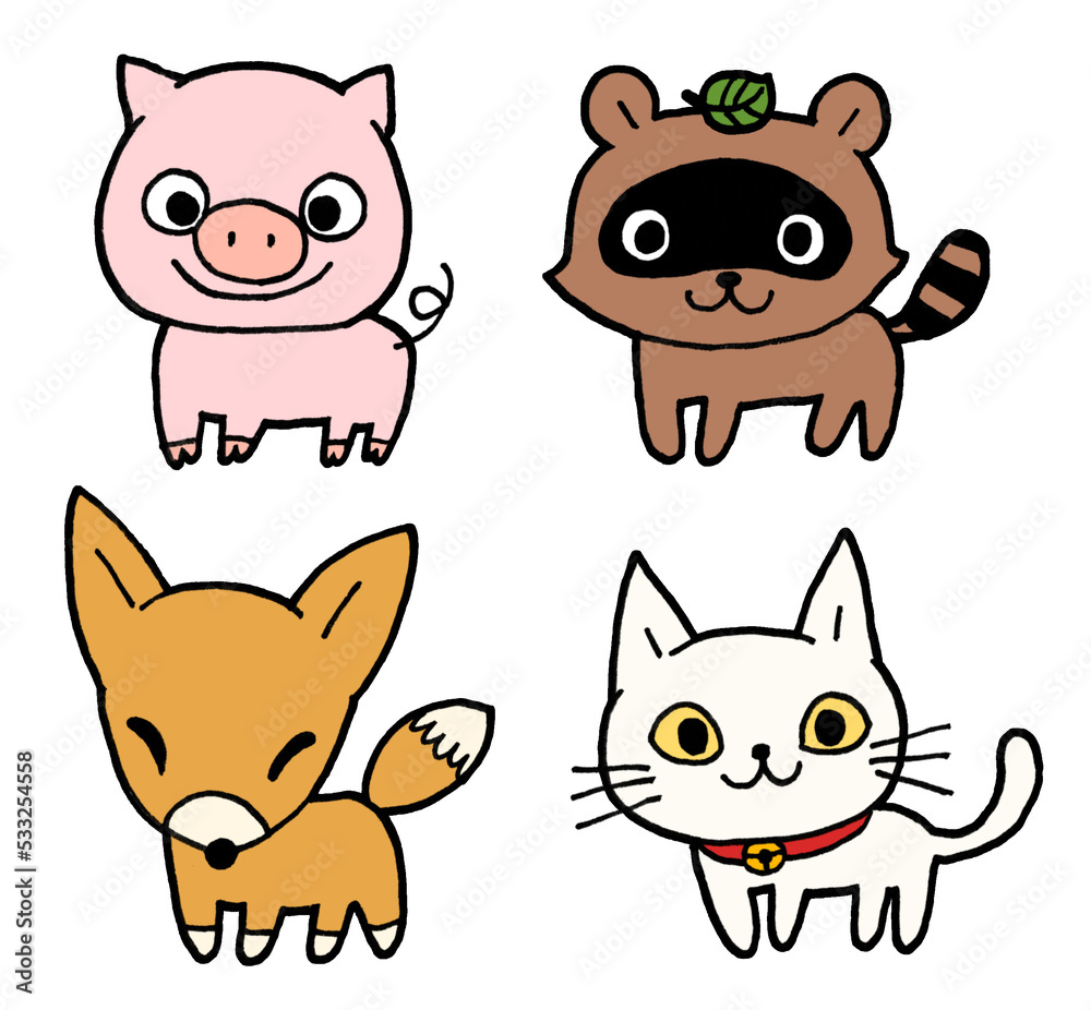 こぶたぬきつねこのイラストセット こぶたぬきつねこのイラストセット
