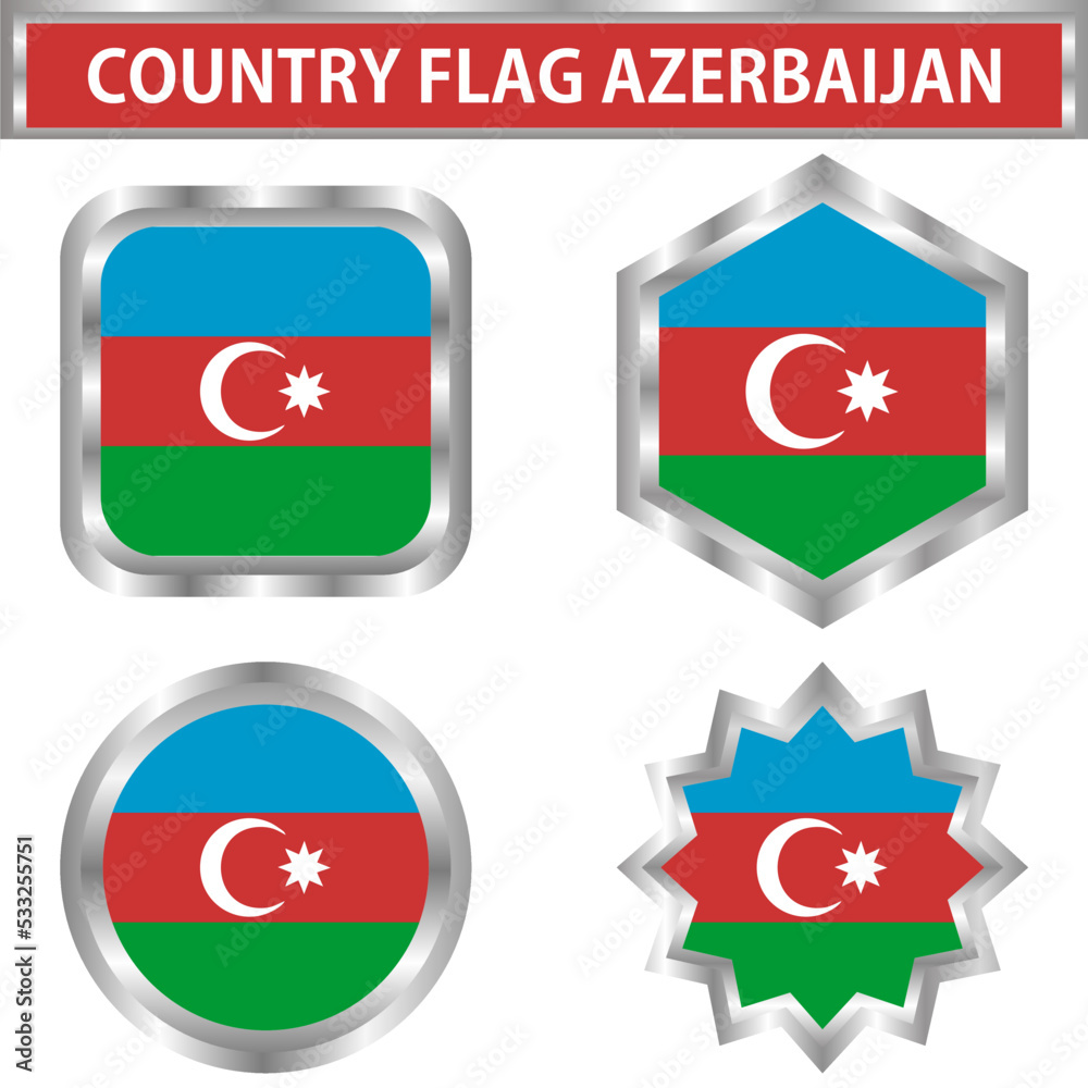azerbaijan icon flag round, hexagon, twelfth and square. Stainless frame. Vector illustration azerbaijan icon flag round, hexagon, twelfth and square. Stainless frame. Vector illustration