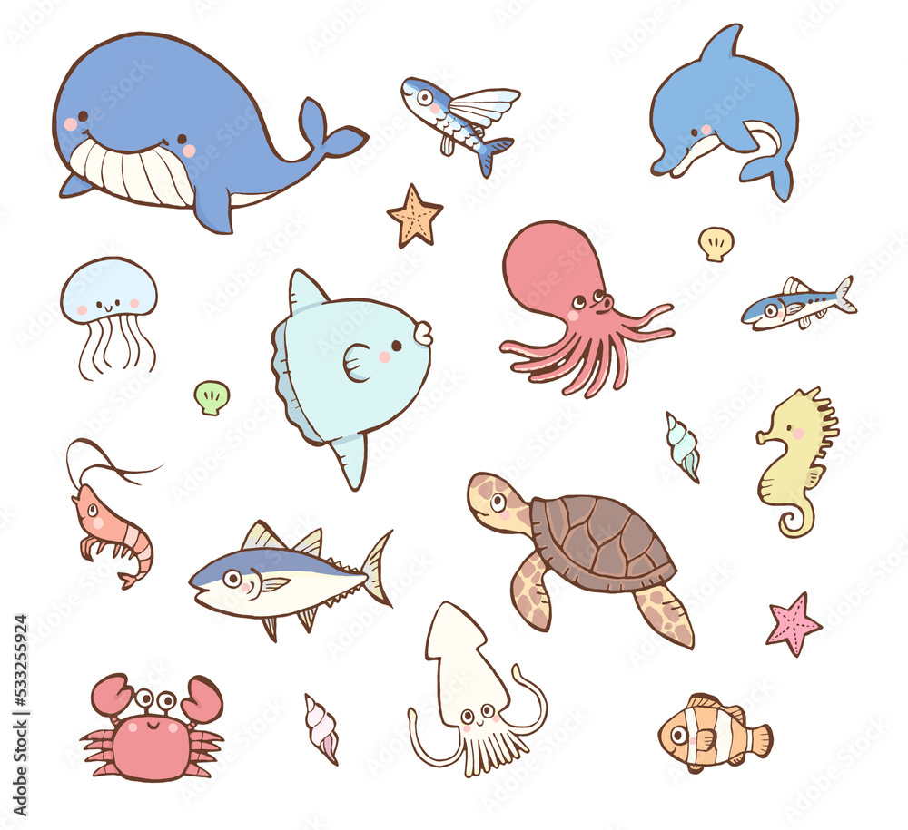 海の生き物のかわいい手描きイラストセット Stock-Illustration 